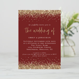 Convites Elegante QR Borgonha Dourado Glitter Casamento