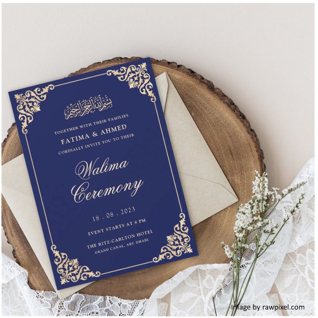 Convites Elegante Quadro Barroco Cerimônia Walima Azul Real (Criador carregado)