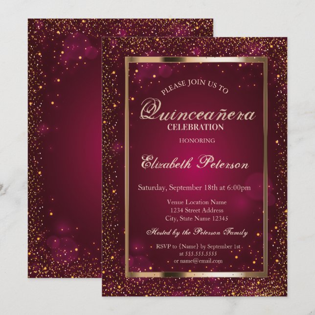Convites Elegante Quadro Chic Confete Quinceañera (Frente/Verso)