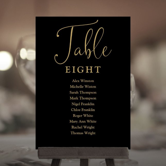 Convites Elegante Quadro de Assentos Preto e Dourado Número (Elegant Black And Gold Seating Chart Table Number)