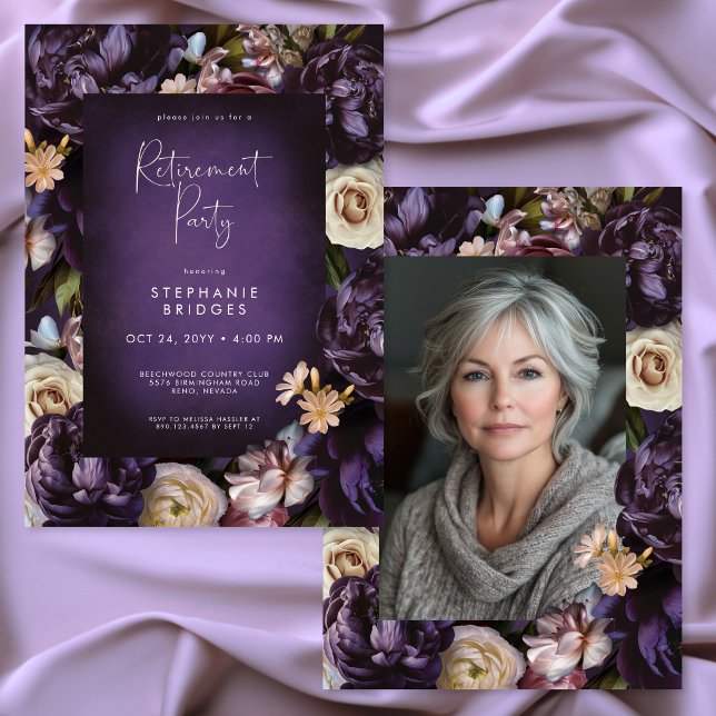 Convites Elegante Quadro de Floral Roxa para Festa de Apose (Elegant Purple Floral Frame Photo Retirement Party Invitation)