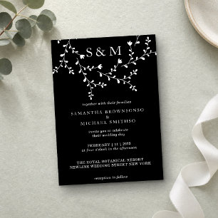 Convites Elegante Quadro de Monograma Floral em Preto e Bra