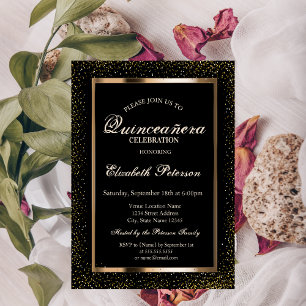 Convites Elegante Quadro de Ouro Rosado Confete Quinceañera