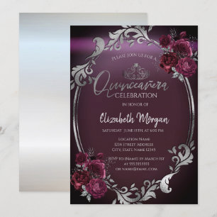 Convites Elegante Quadro de Prata Rosas Borgonha Quinceañer