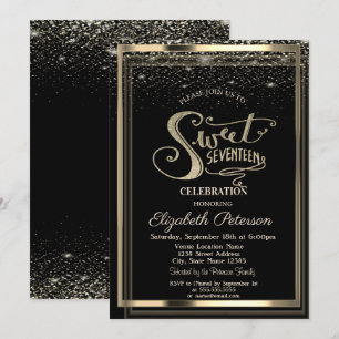 Convites Elegante Quadro Dourado Confetes Aniversário de 17