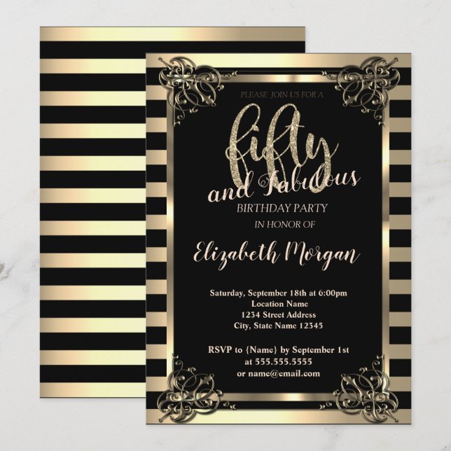 Convites Elegante Quadro Dourado,Listras Festa de Aniversár (Frente/Verso)