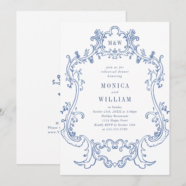 Convites Elegante Quadro Dusty Blue Barroco Jantar de Rehea (Frente/Verso)