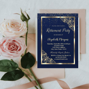 Convites Elegante Quadro Festivo Dourado Aposentadoria Azul