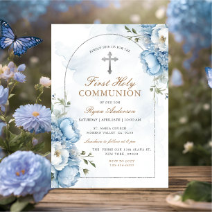 Convites Elegante Quadro Floral Azul Primeira Comunhão