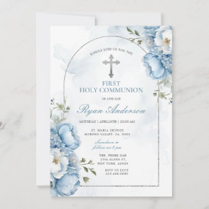 Convites Elegante Quadro Floral Azul Primeira Comunhão