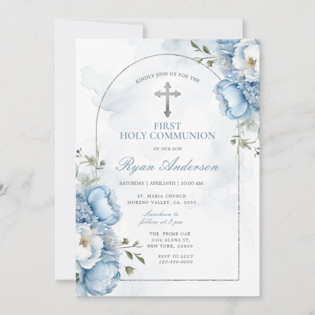 Convites Elegante Quadro Floral Azul Primeira Comunhão (Frente)