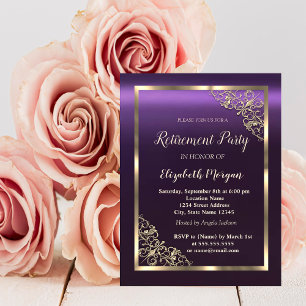 Convites Elegante Quadro Floral Dourado Aposentadoria Roxa