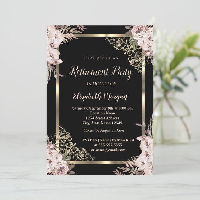 Convites Elegante Quadro Floral Dourado Flores Boho Aposent (Em pé/Frente)