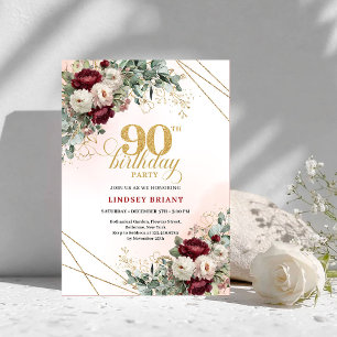 Convites Elegante Quadro Floral Dourado Marsala para 90º An