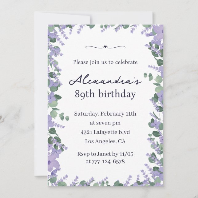 Convites Elegante Quadro Floral Lavanda 89º aniversário (Frente)