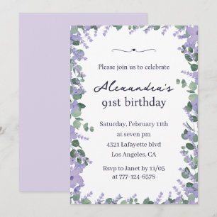 Convites Elegante Quadro Floral Lilás Roxo 91º aniversário