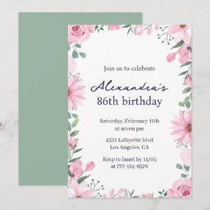 Convites Elegante Quadro Floral Rosa Verde 86º aniversário