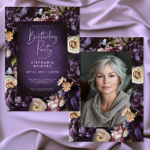 Convites Elegante Quadro Floral Roxo Festa de Aniversário