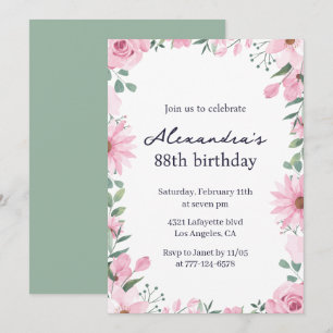 Convites Elegante Quadro Floral Verde Rosa 88º aniversário