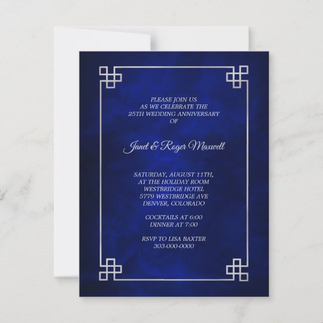 Convites Elegante Quadro Prata Azul Aniversário de Bodas de (Frente)