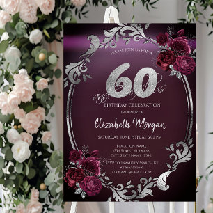 Convites Elegante Quadro Prateado Rosas Bordeaux Aniversári