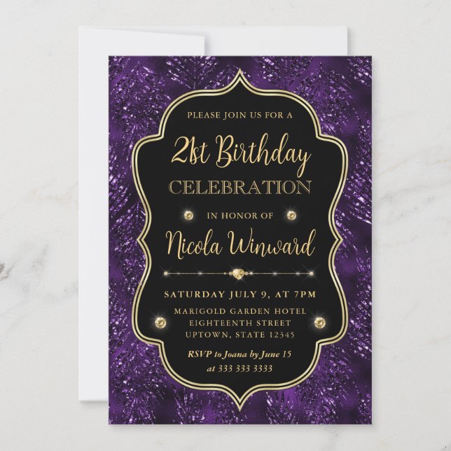 Convites Elegante Quadro Vintage com Brilho Roxo Aniversári (Frente)