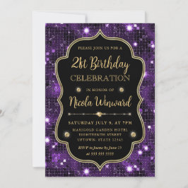 Convites Elegante Quadro Vintage com Brilho Roxo Aniversári