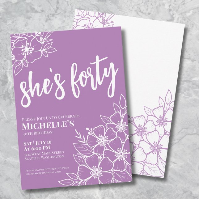 Convites Elegante Quarenta Roxo Festa de Aniversário de 40  (Elegant Forty Purple 40th Birthday Party Invitation)