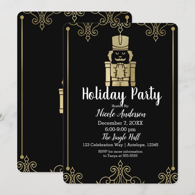 Convites Elegante quebra-nozes dourado e preto para festa d (Frente/Verso)