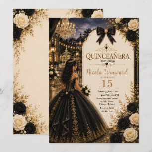 Convites Elegante Quince Preto e Dourado