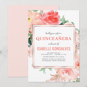 Convites Elegante QUINCEAÑERA Aquarela Floral Coral Rosa