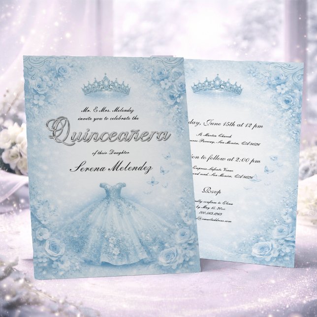 Convites Elegante Quinceanera Azul e Prata (Criador carregado)
