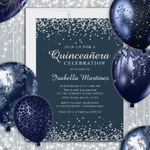 Convites Elegante Quinceañera Azul Marinho com Confetes de 