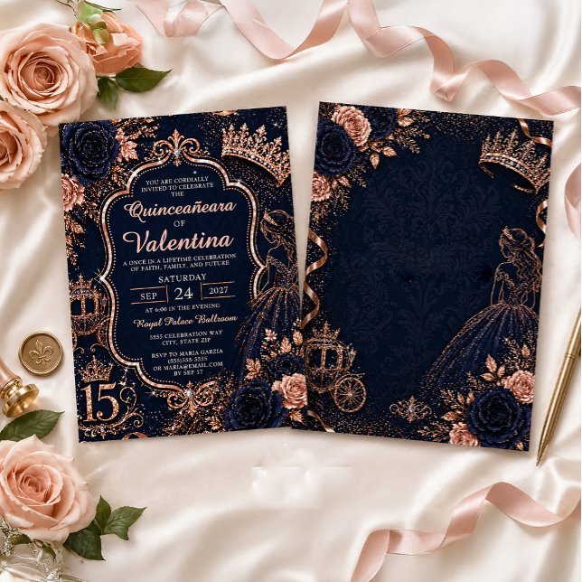 Convites Elegante Quinceañera Azul Marinho com Glitter Dour (Elegant navy blue and rose gold glitter Quinceañera invitation)