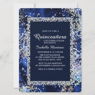 Convites Elegante Quinceañera Azul Marinho Dourado Prata La