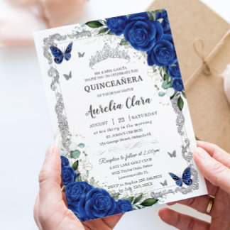 Convites Elegante Quinceañera Azul Real Floral Vintage Prat