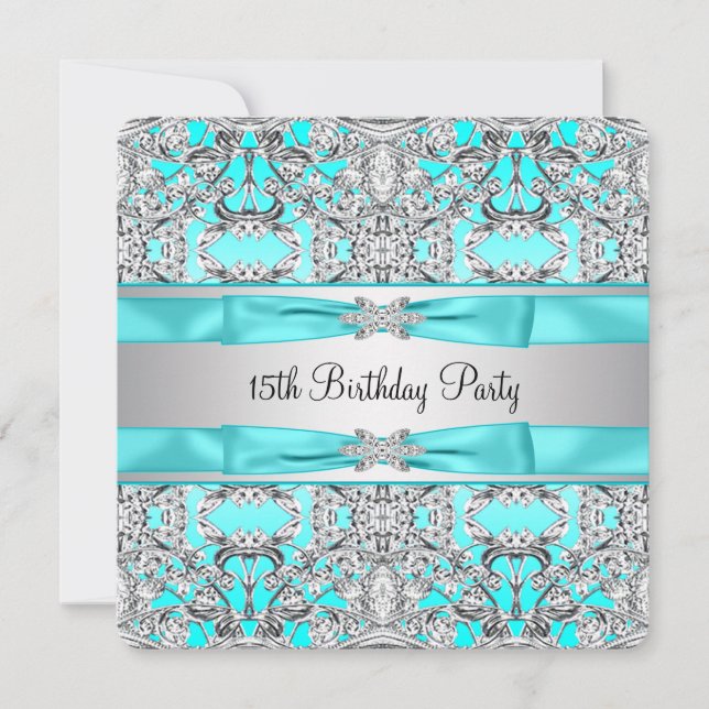 Convites Elegante Quinceanera Azul Turquesa Prata (Frente)