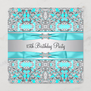 Convites Elegante Quinceanera Azul Turquesa Prata