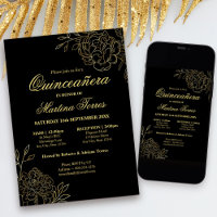 Elegante Quinceanera Black e Dourado Sketch Floral