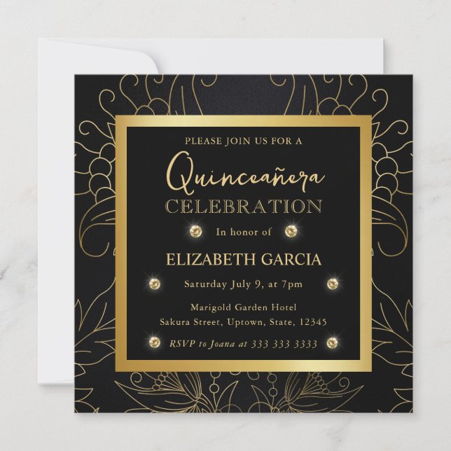 Convites Elegante Quinceanera Botânica em Preto e Dourado (Frente)