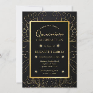Convites Elegante Quinceanera Botânica Preta e Dourada