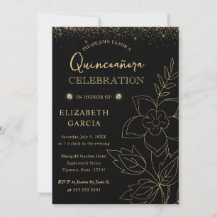 Convites Elegante Quinceanera Botânica Preta e Dourada