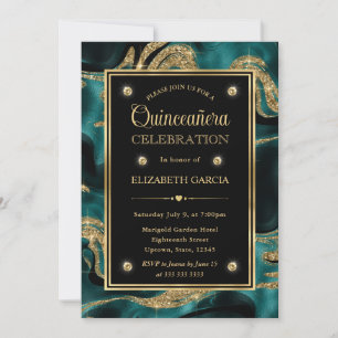 Convites Elegante Quinceanera com Brilho Dourado e Azul Tea
