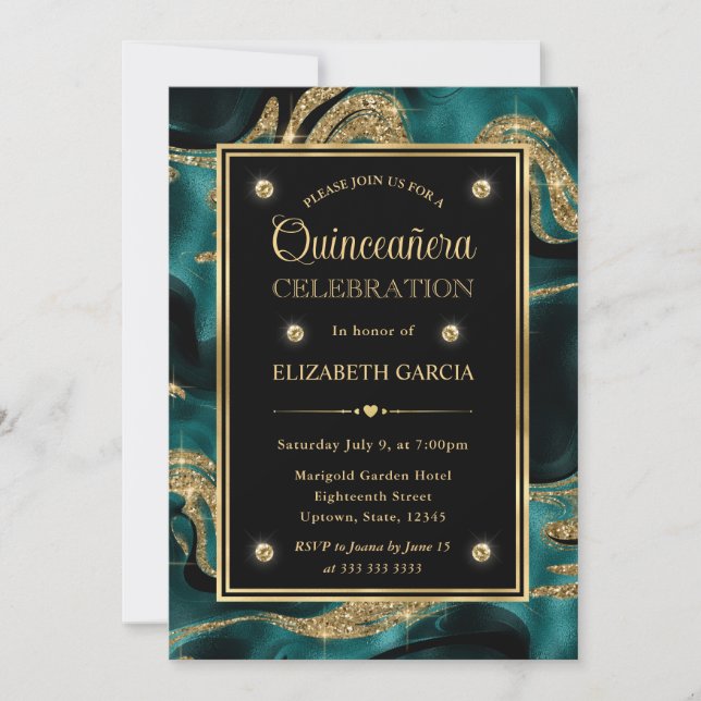Convites Elegante Quinceanera com Brilho Dourado e Azul Tea (Frente)