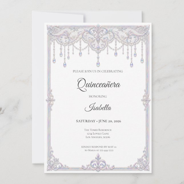 Convites Elegante Quinceañera com Renda Iridescente (Frente)