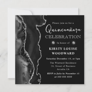 Convites Elegante Quinceanera de Ágata Preta e Prata com Br