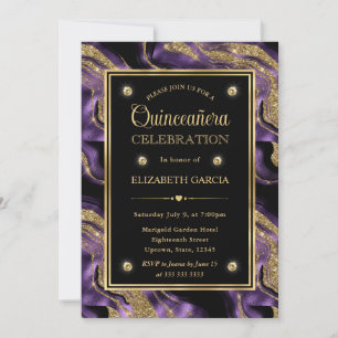 Convites Elegante Quinceanera de Ágata Roxa e Dourada Brilh