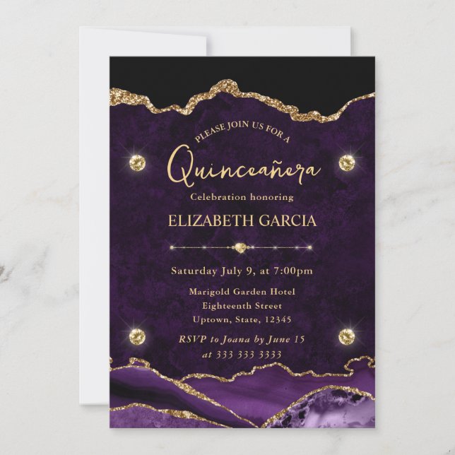 Convites Elegante Quinceanera de Ágata Roxa e Dourada com B (Frente)