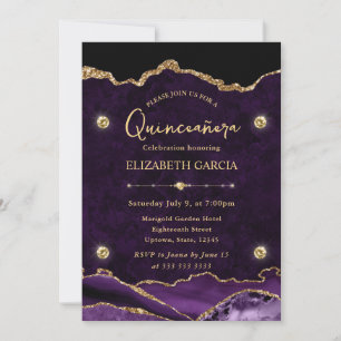 Convites Elegante Quinceanera de Ágata Roxa e Dourada com B