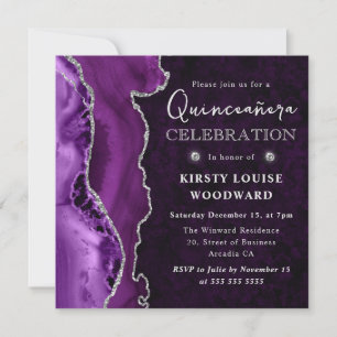 Convites Elegante Quinceanera de Ágata Roxa e Prata Brilhan